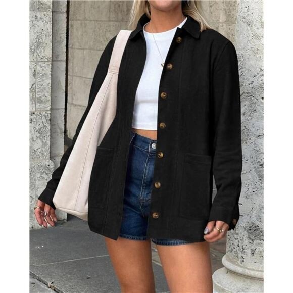 Faux Suede Jacket Button Down Shackets Black - Picture 3 of 6